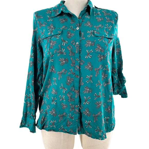 Jaclyn Smith womens top size XL teal floral 100% cotton button down - Picture 1 of 14